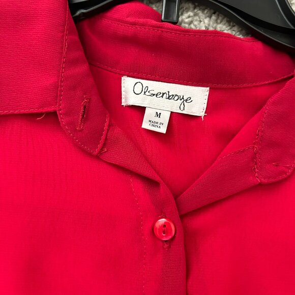 Olsenboye Medium Red Sheer Button-up Long Sleeve High Low Blouse - Picture 5 of 8